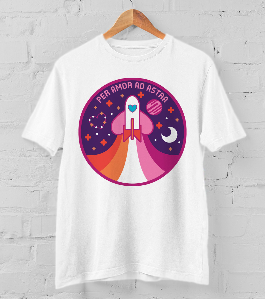 Per Amor Ad Astra Space Pride Lesbian Flag Rocket Heart Planet Moon T-Shirt