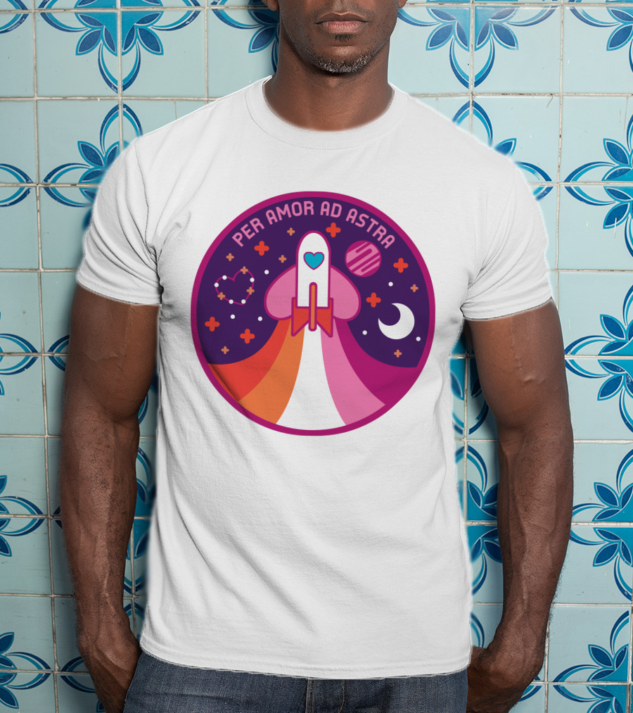 Per Amor Ad Astra Space Pride Lesbian Flag Rocket Heart Planet Moon T-Shirt