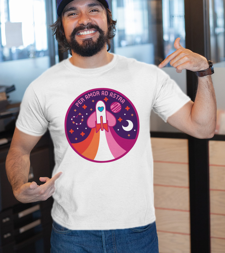 Per Amor Ad Astra Space Pride Lesbian Flag Rocket Heart Planet Moon T-Shirt