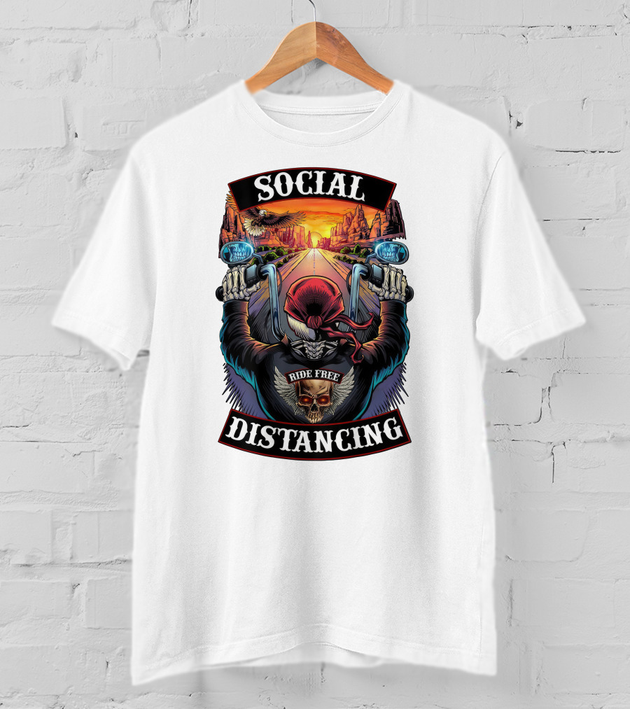 Social Distancing Ride Free Biker Skull Chicano Crew Motorcycle T-Shirt