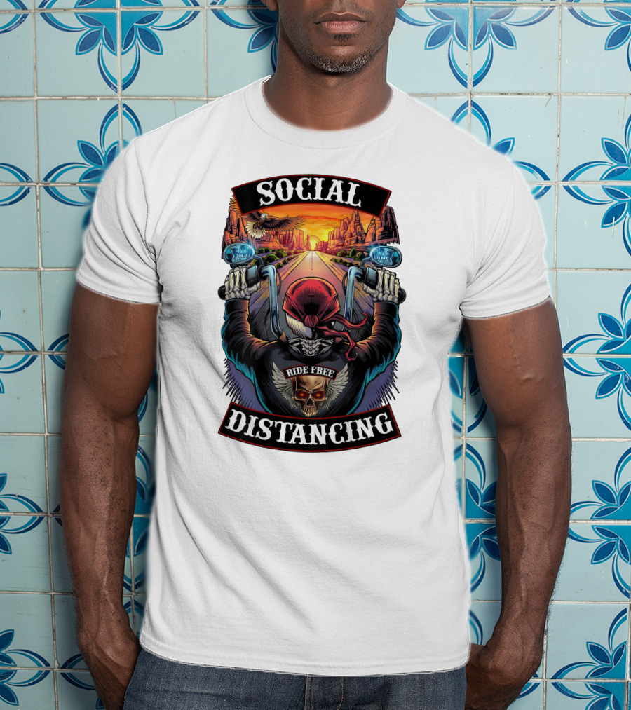 Social Distancing Ride Free Biker Skull Chicano Crew Motorcycle T-Shirt