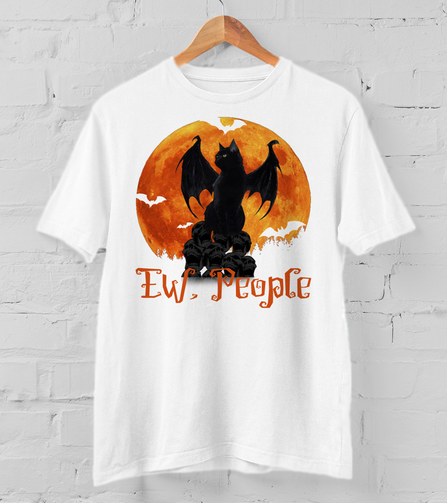 Ew People Black Cat With Bat Wings Halloween Orange Moon T-Shirt