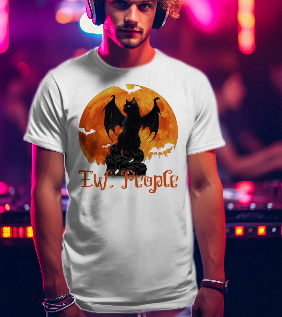 Ew People Black Cat With Bat Wings Halloween Orange Moon T-Shirt