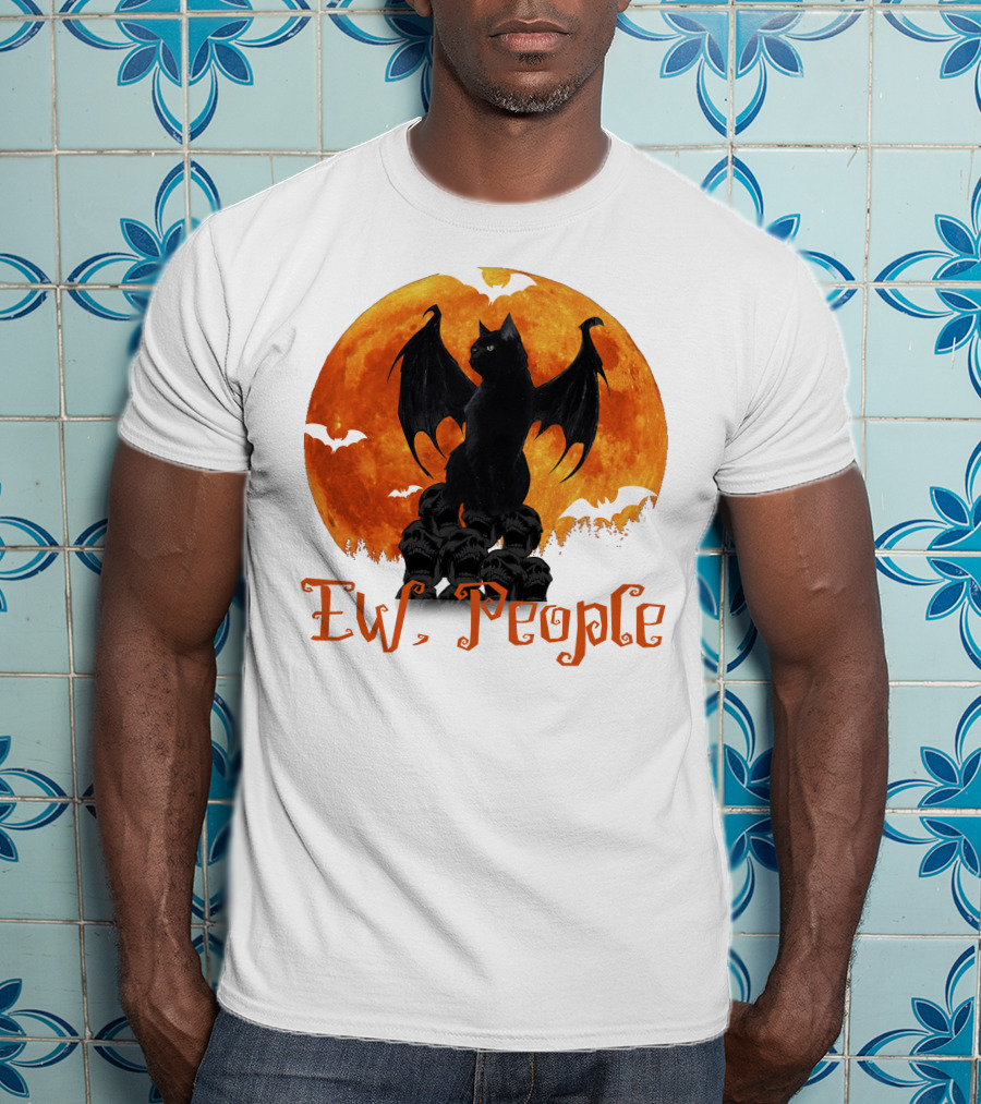 Ew People Black Cat With Bat Wings Halloween Orange Moon T-Shirt