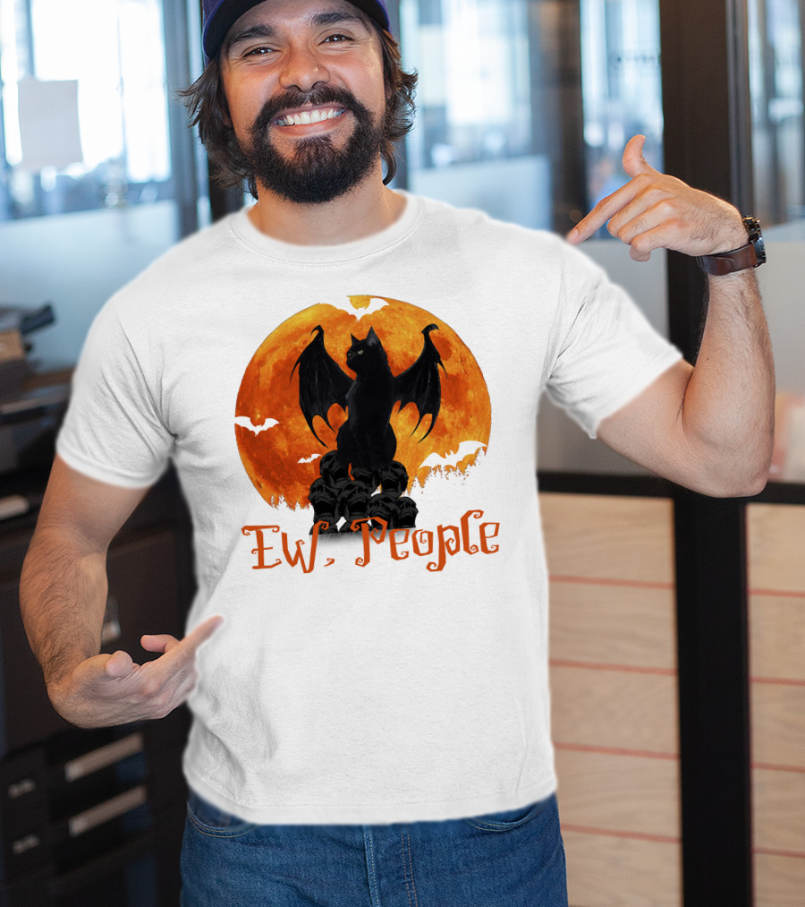 Ew People Black Cat With Bat Wings Halloween Orange Moon T-Shirt