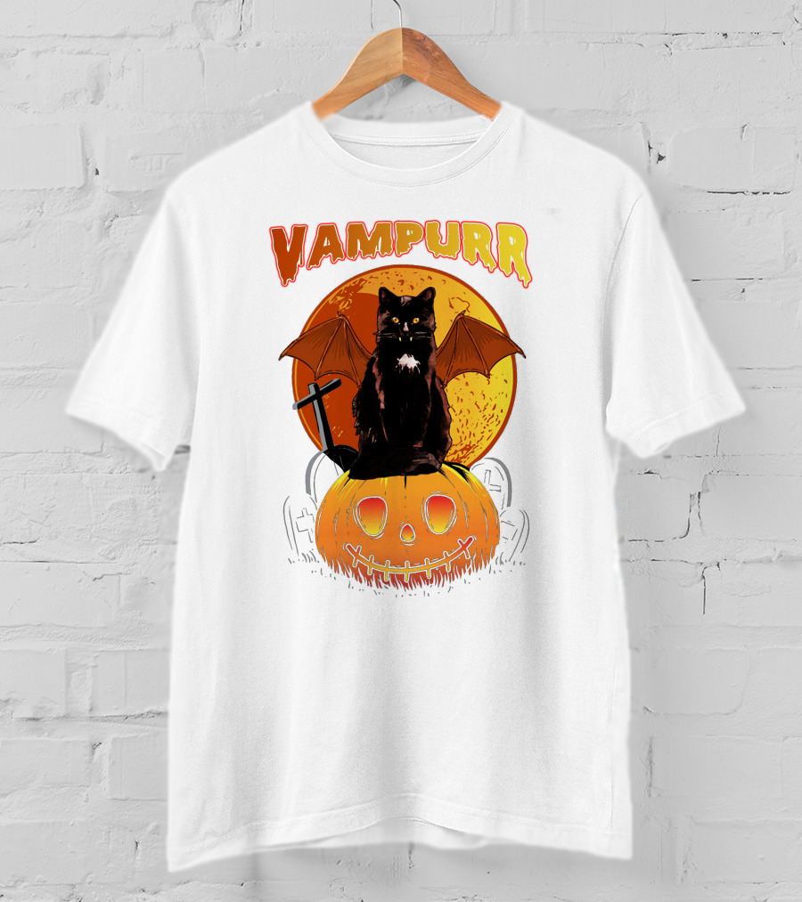 Vampurr Black Cat With Bat Wings And Pumpkin Halloween T-Shirt