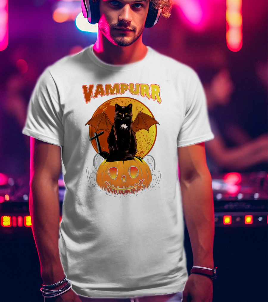 Vampurr Black Cat With Bat Wings And Pumpkin Halloween T-Shirt