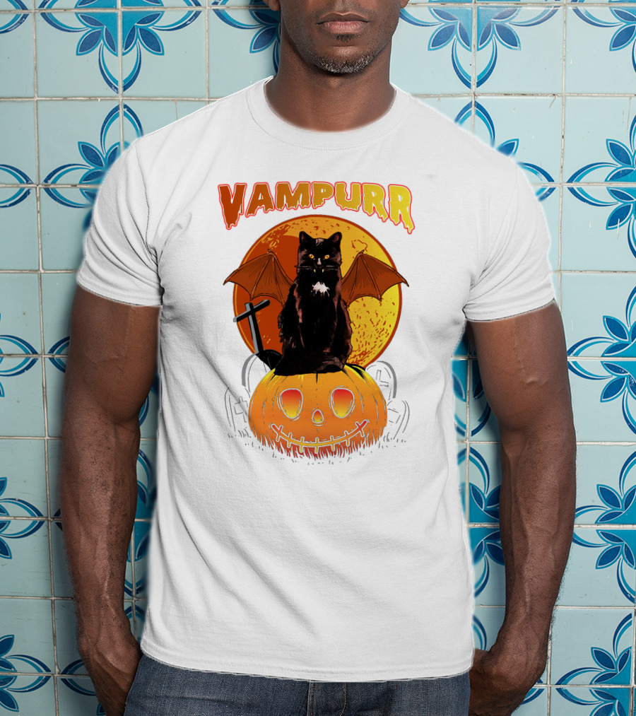 Vampurr Black Cat With Bat Wings And Pumpkin Halloween T-Shirt