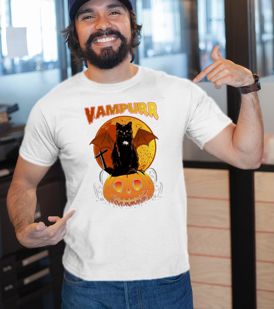 Vampurr Black Cat With Bat Wings And Pumpkin Halloween T-Shirt