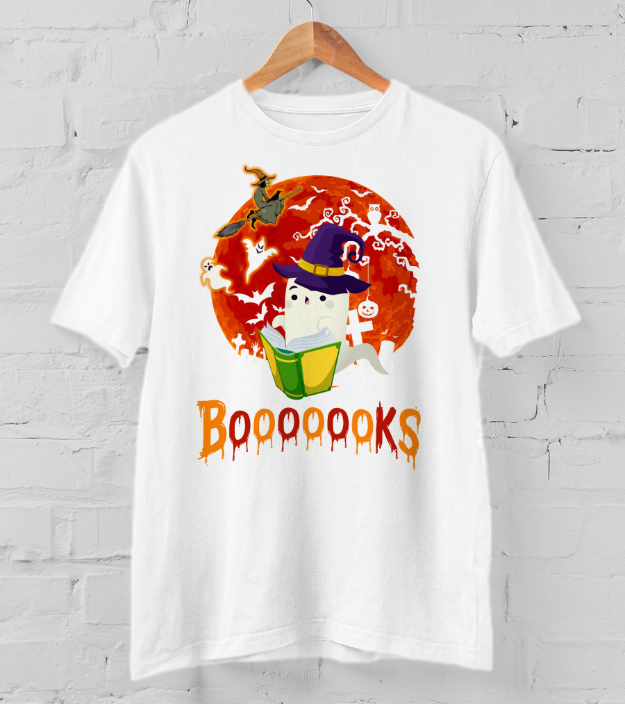 BOOOOOOKS Ghost Reading Witch Hat Halloween Scene T-Shirt