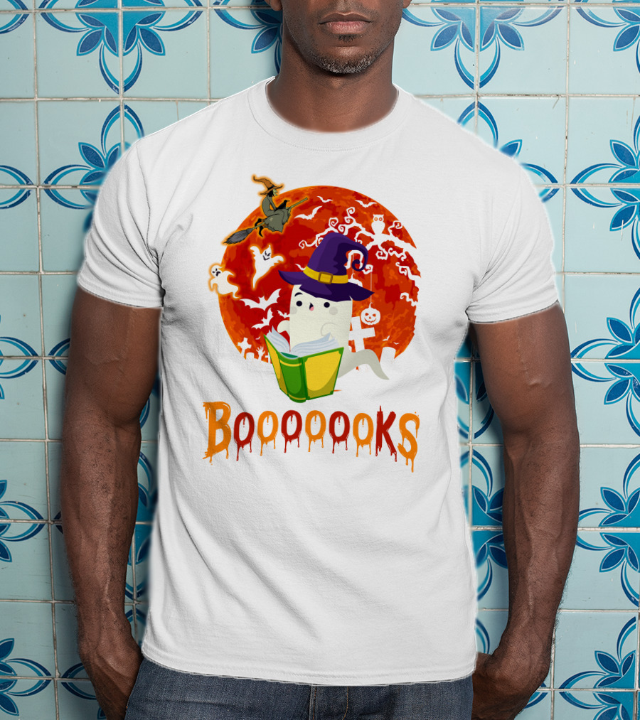 BOOOOOOKS Ghost Reading Witch Hat Halloween Scene T-Shirt