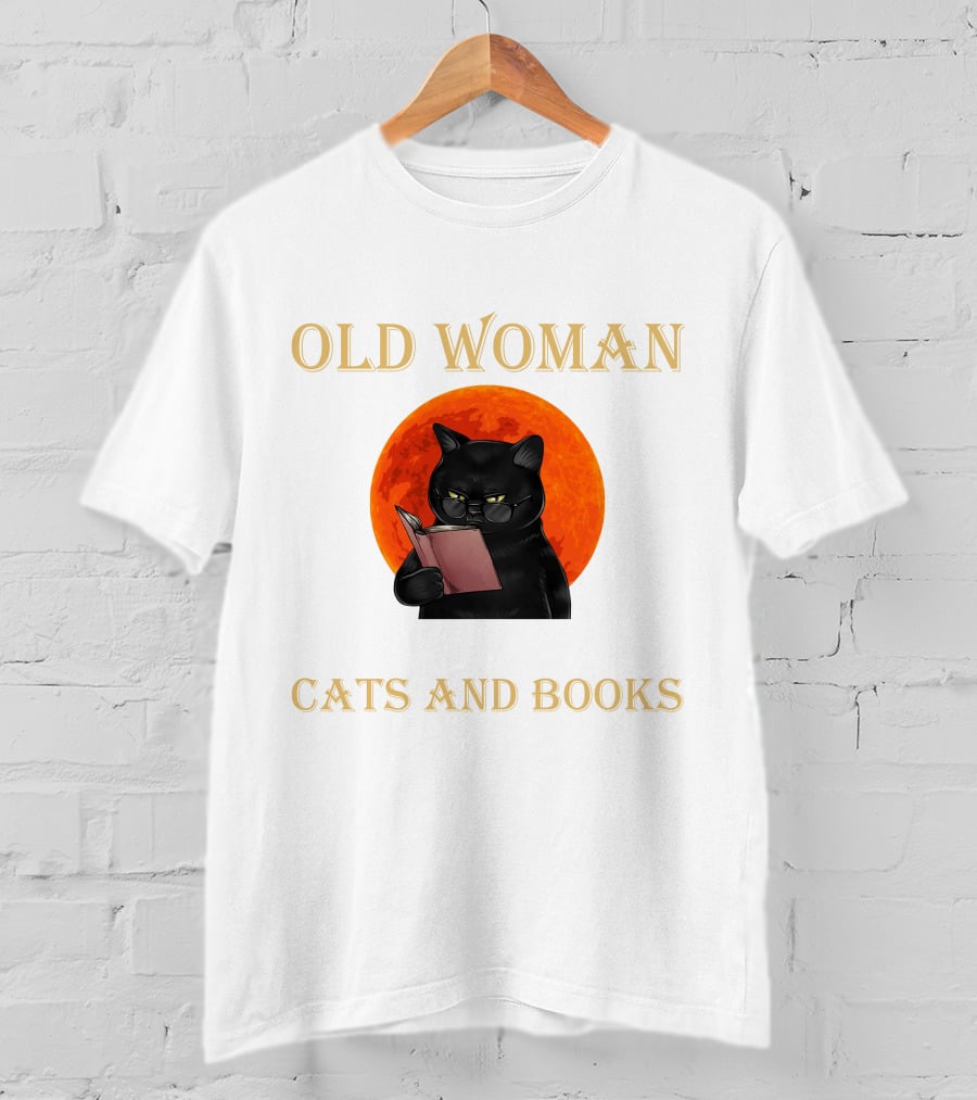 Old Woman Cats And Books Black Cat Reading Orange Moon T-Shirt