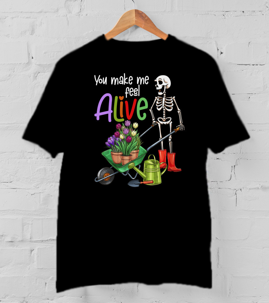 Alive Gardening Farmer Skeleton With Tulips And Watering Can T-Shirt