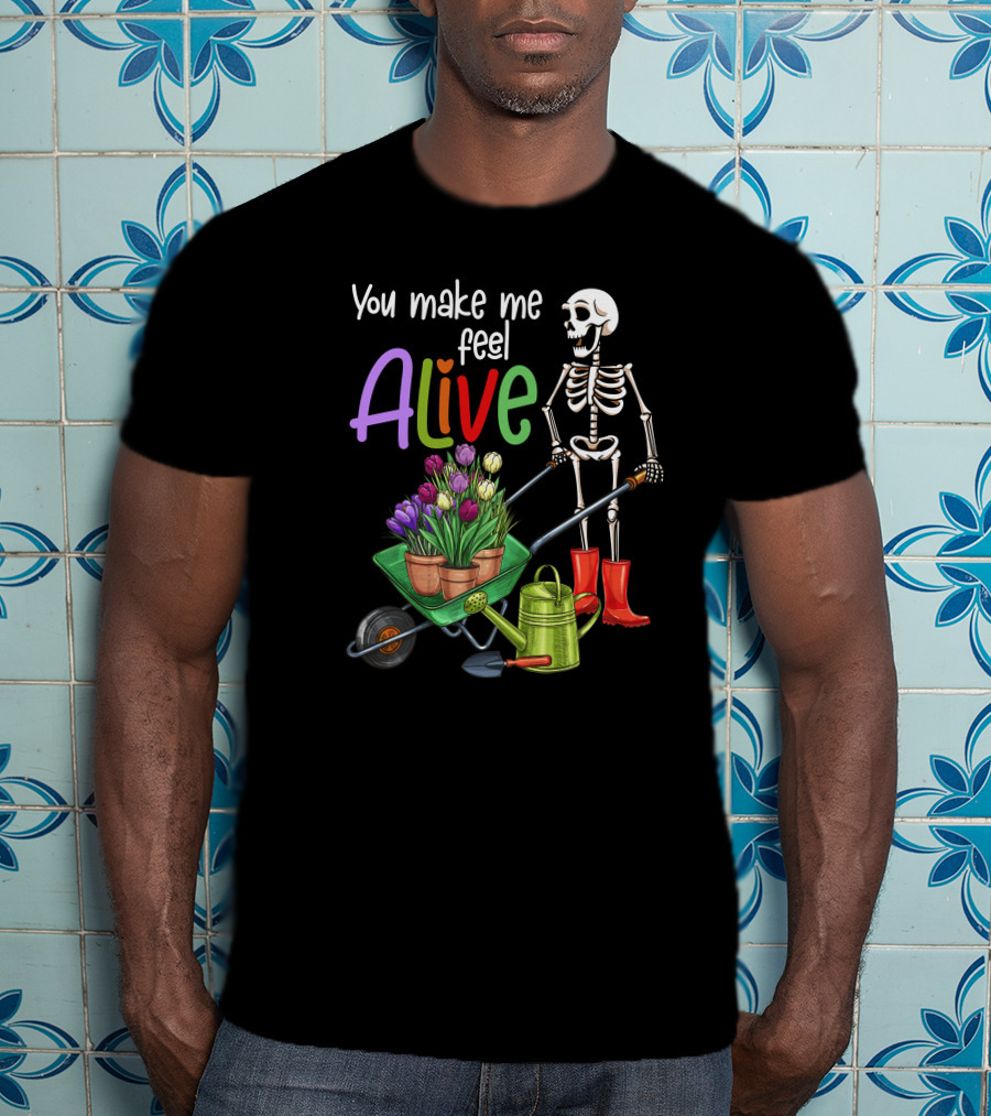 Alive Gardening Farmer Skeleton With Tulips And Watering Can T-Shirt