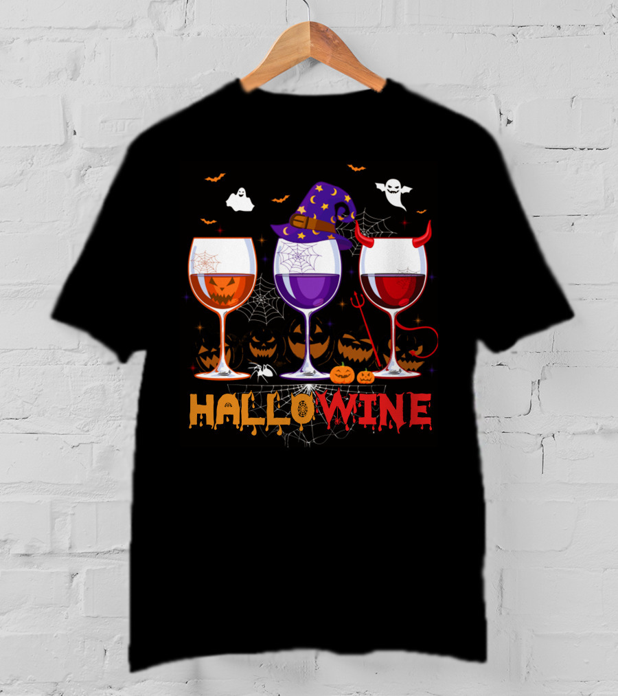 Haloween Hallowine Witch Hat Devil Horns Jack-O'-Lanterns Wine Glasses T-Shirt