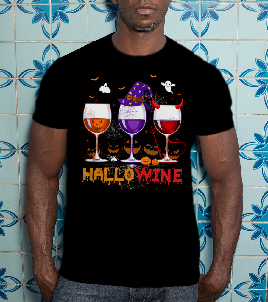 Haloween Hallowine Witch Hat Devil Horns Jack-O'-Lanterns Wine Glasses T-Shirt