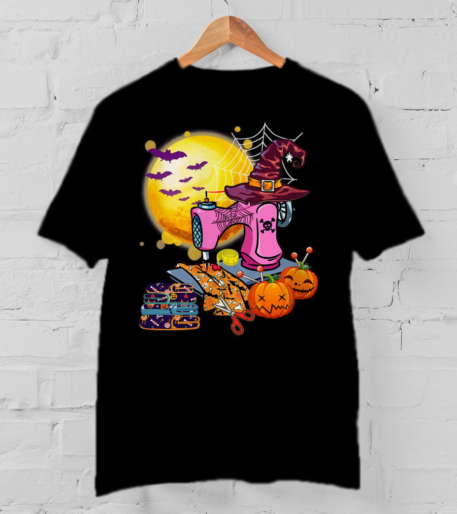Sewing Machine Witch Hat Halloween Pumpkins Bats Moon T-Shirt