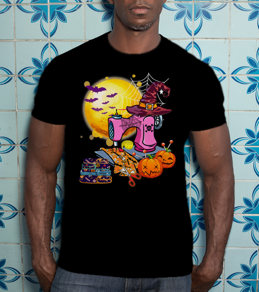 Sewing Machine Witch Hat Halloween Pumpkins Bats Moon T-Shirt