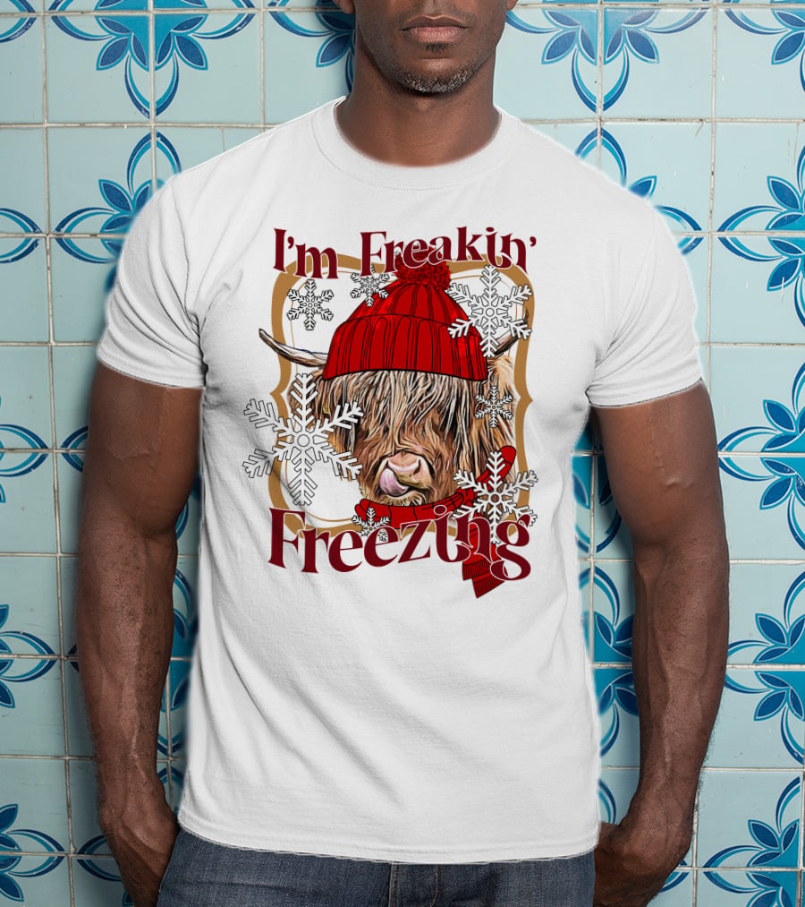 I'm Freakin' Freezing Highland Cow Snowflakes Winter T-Shirt