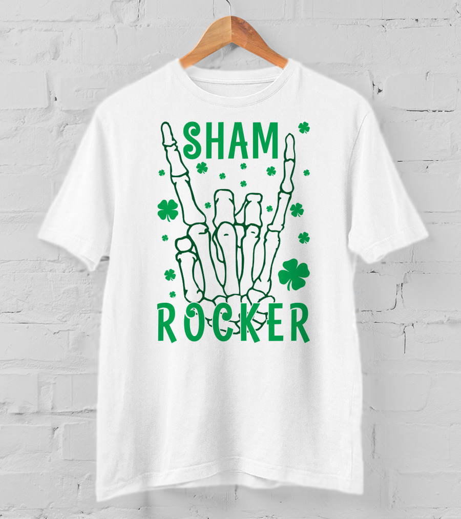 SHAM ROCKER Skeleton Hand With Shamrocks T-Shirt