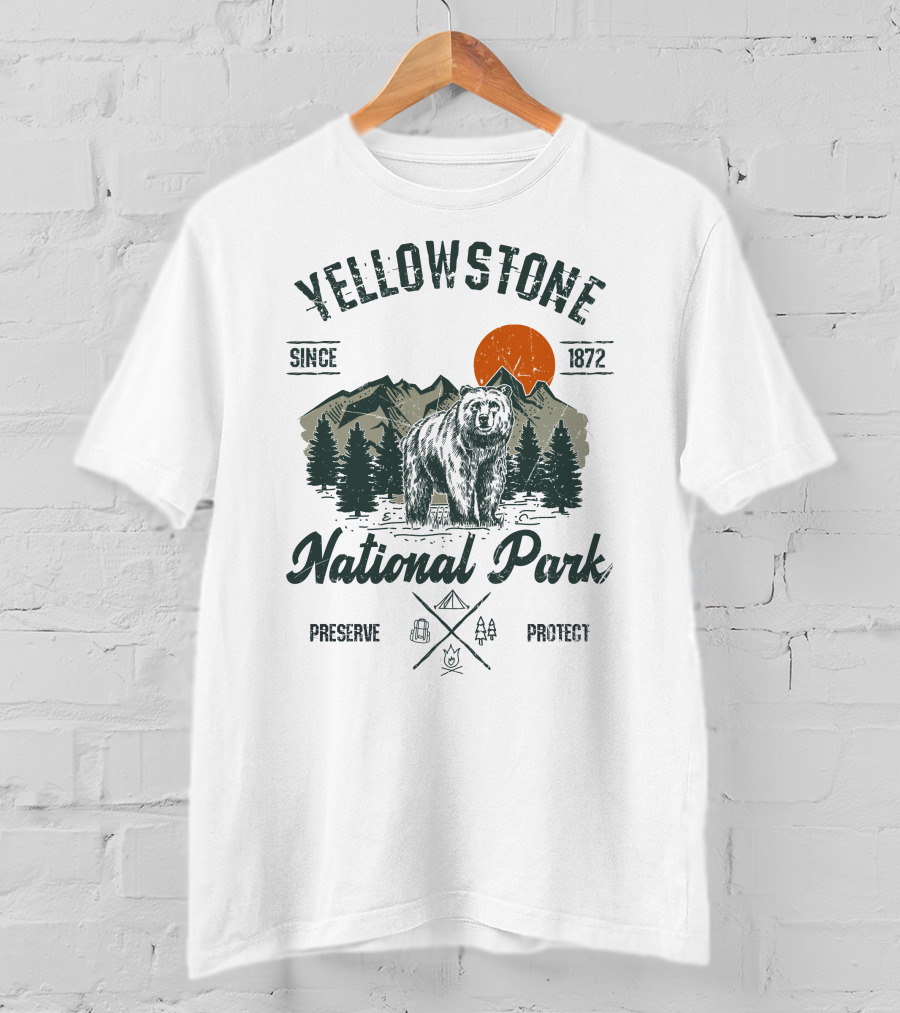 Yellowstone National Park Since 1872 Preserve Protect Vintage Bear Mountain Trees T-Shirt