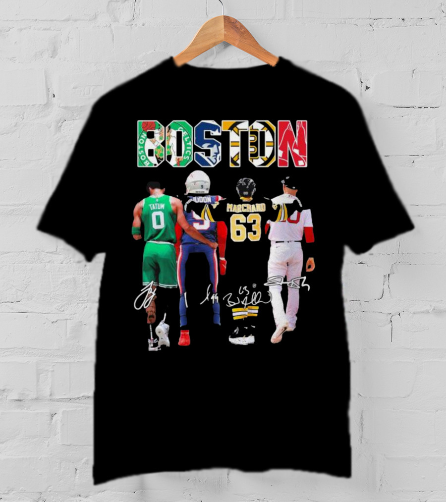 Boston Celtics Patriots Bruins Red Sox Tatum Iddon Marchand Signatures T-Shirt