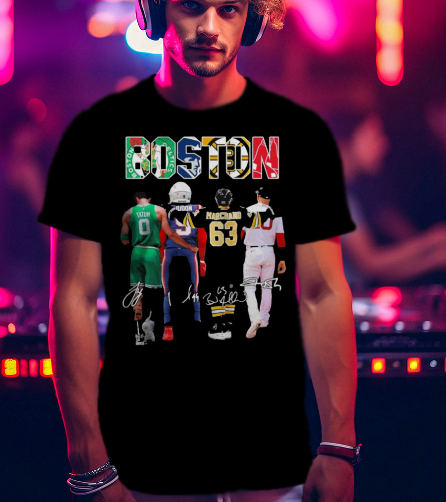 Boston Celtics Patriots Bruins Red Sox Tatum Iddon Marchand Signatures T-Shirt