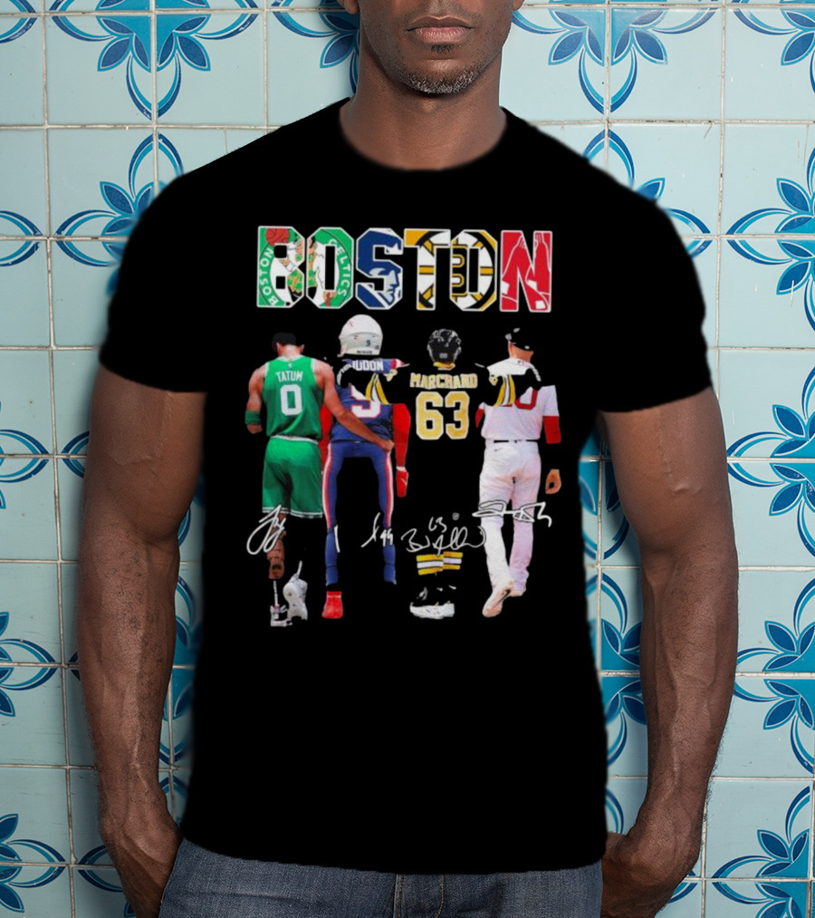 Boston Celtics Patriots Bruins Red Sox Tatum Iddon Marchand Signatures T-Shirt