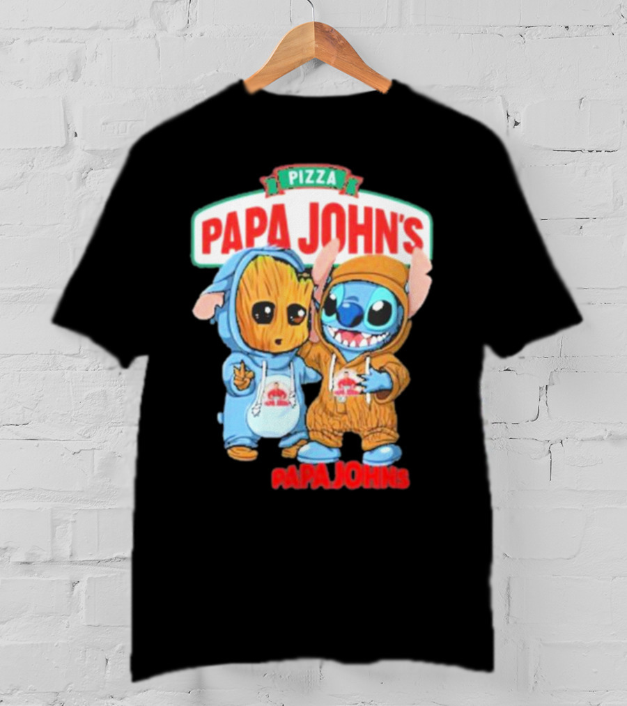 Papa John's Pizza With Groot And Stitch Characters T-Shirt