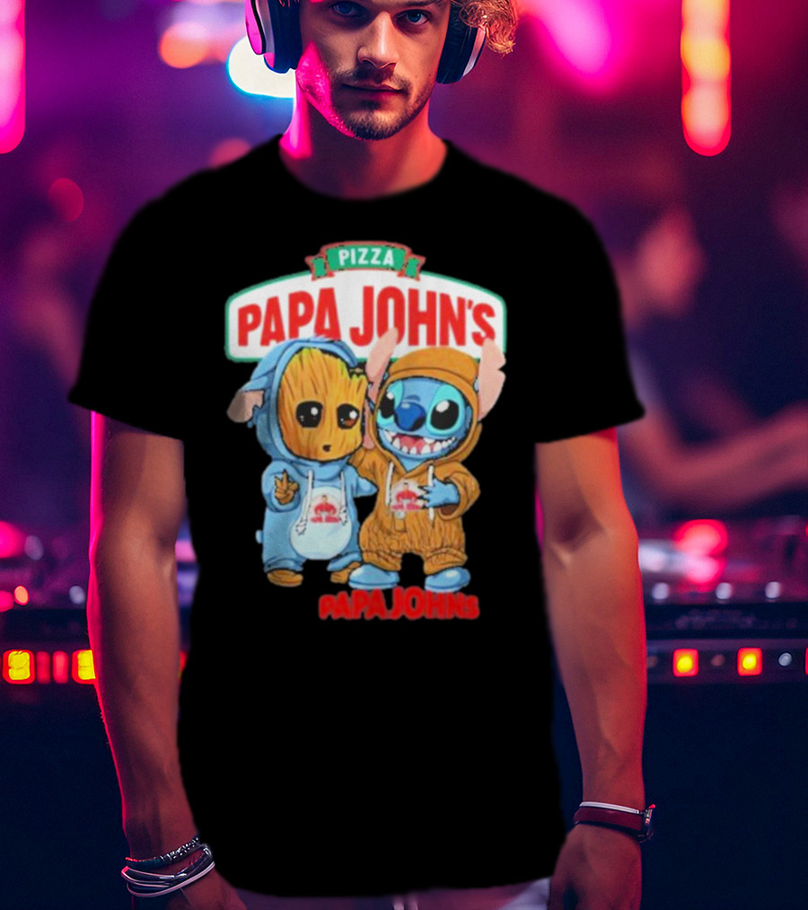 Papa John's Pizza With Groot And Stitch Characters T-Shirt