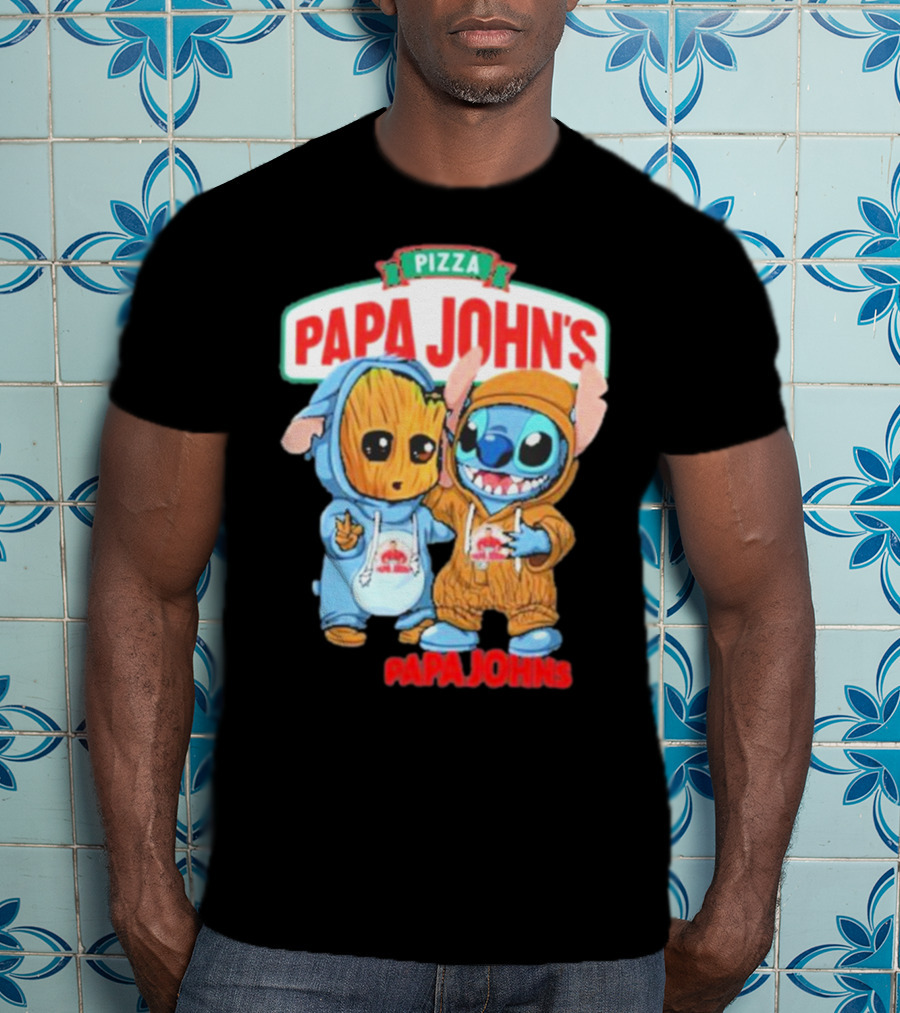 Papa John's Pizza With Groot And Stitch Characters T-Shirt