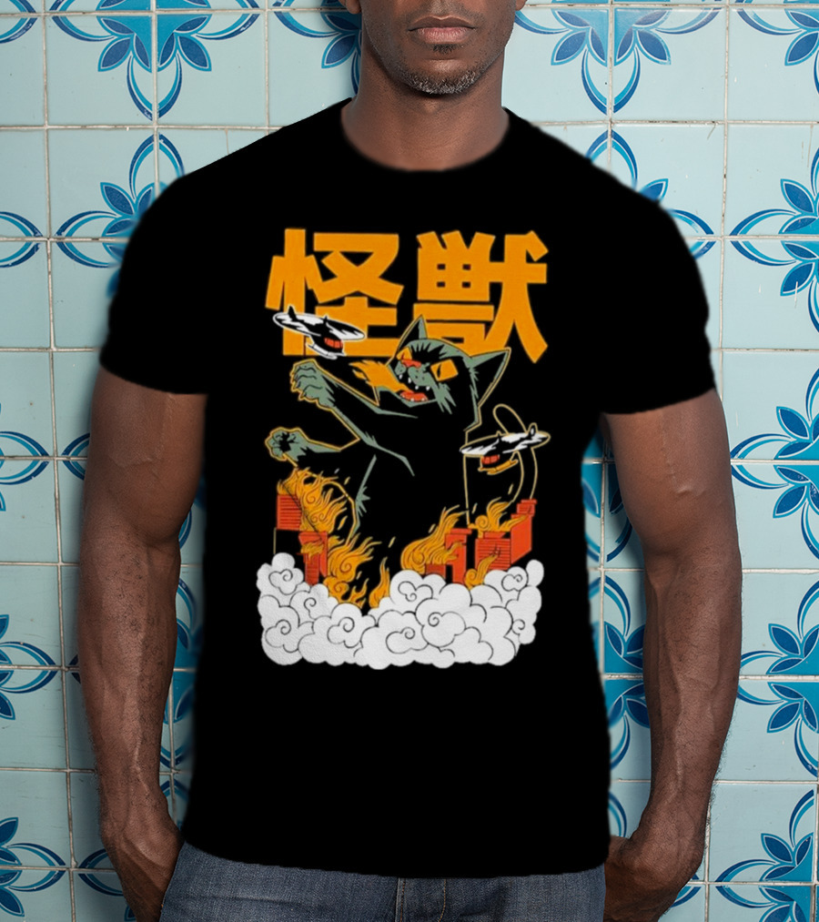 Kaiju No 8 Monster Cat Attack With Helicopters And Flames T-Shirt