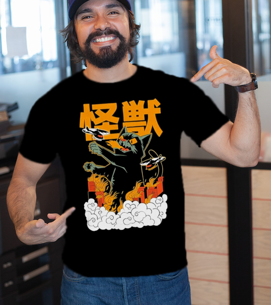 Kaiju No 8 Monster Cat Attack With Helicopters And Flames T-Shirt
