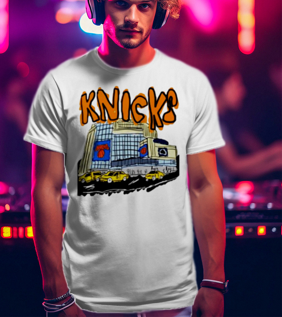 Knicks New York City Taxi Sketch With Arena Background T-Shirt