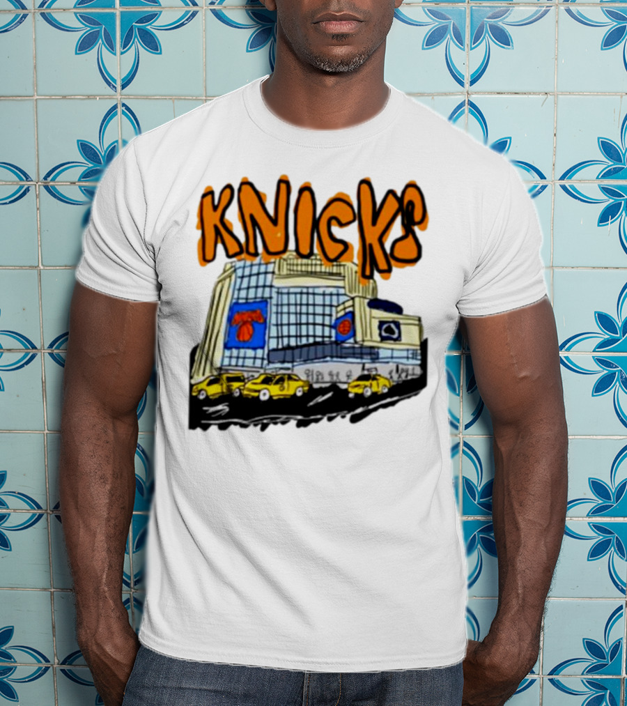 Knicks New York City Taxi Sketch With Arena Background T-Shirt