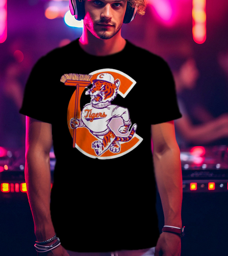 Clemson Tigers Vintage Logo With Broom And Letter C T-Shirt