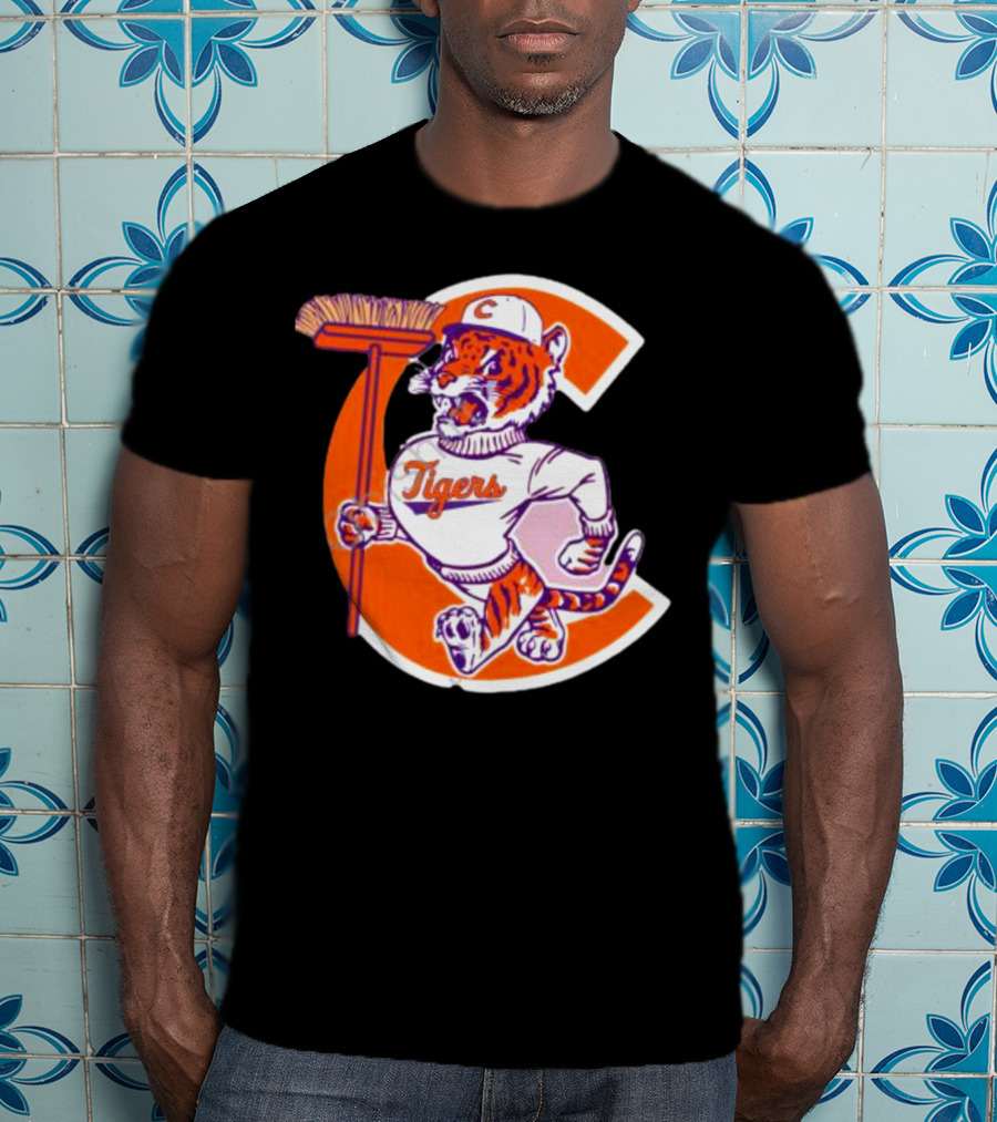 Clemson Tigers Vintage Logo With Broom And Letter C T-Shirt