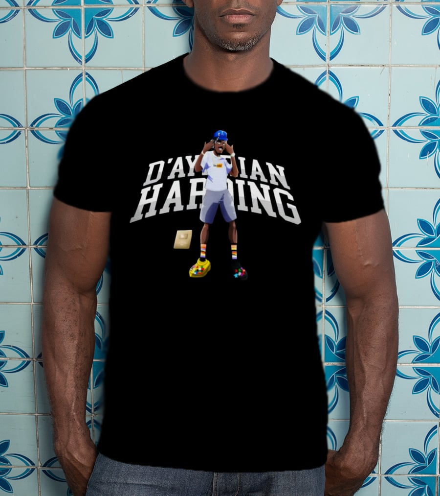 D'Aydrian Harding Merch Character In Blue Cap And Colorful Shoes With Gold Button T-Shirt