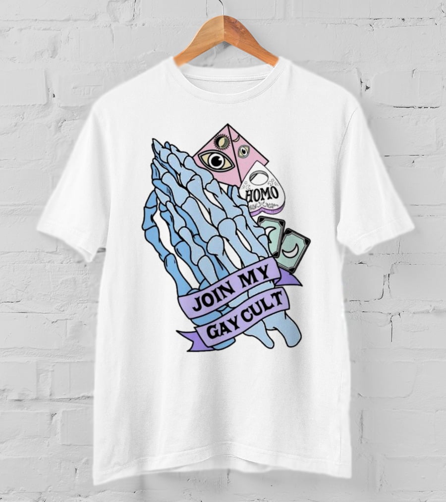 Join My Gay Cult Homo Eye Pyramid Skeleton Hands T-Shirt