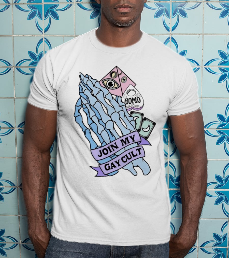 Join My Gay Cult Homo Eye Pyramid Skeleton Hands T-Shirt