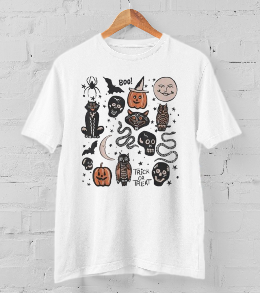 Halloween Season Boo Trick Or Treat Pumpkin Skull Spooky Vibes Moon Cat Owl Snake T-Shirt