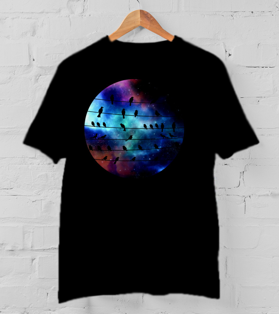Birds On A Wire Cosmic Galaxy Silhouette In Space T-Shirt