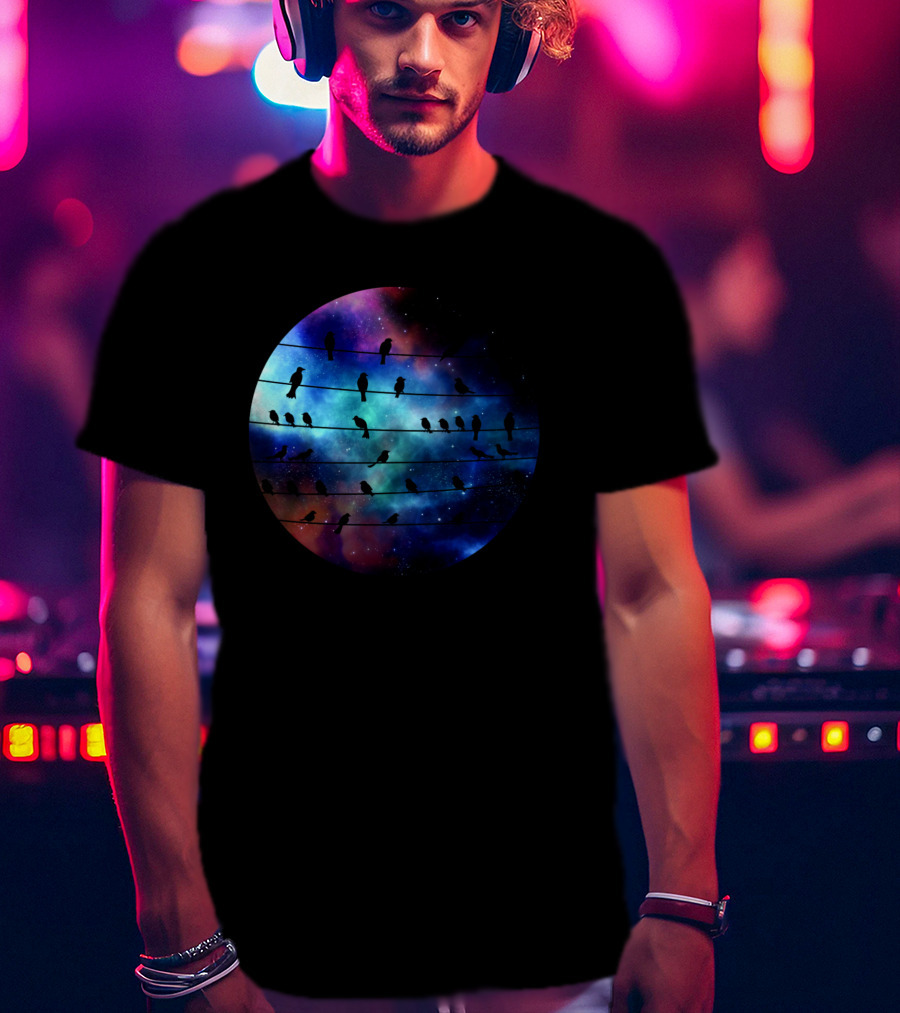 Birds On A Wire Cosmic Galaxy Silhouette In Space T-Shirt