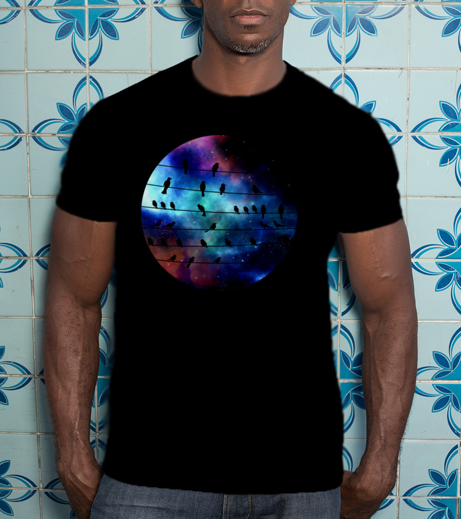 Birds On A Wire Cosmic Galaxy Silhouette In Space T-Shirt