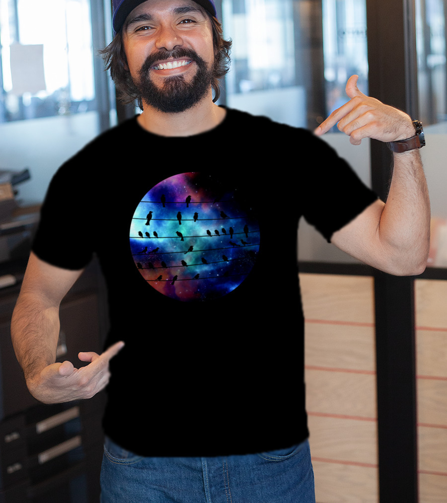 Birds On A Wire Cosmic Galaxy Silhouette In Space T-Shirt