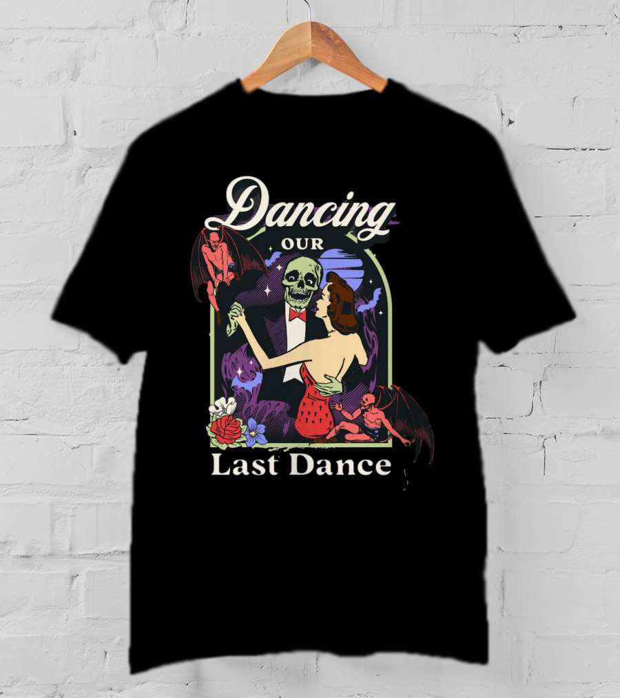 Dancing Our Last Dance Halloween Skeleton Couple With Demons And Flowers T-Shirt