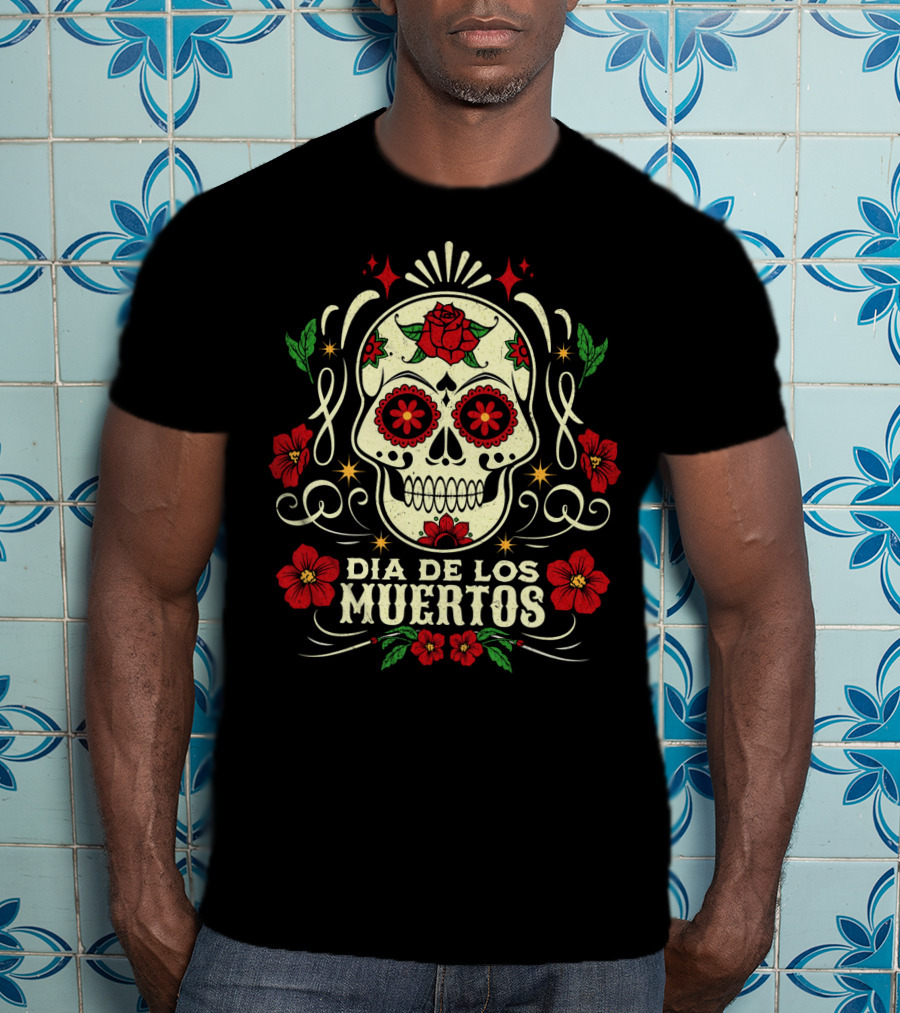 Dia De Los Muertos Skull With Red Roses And Floral Accents T-Shirt