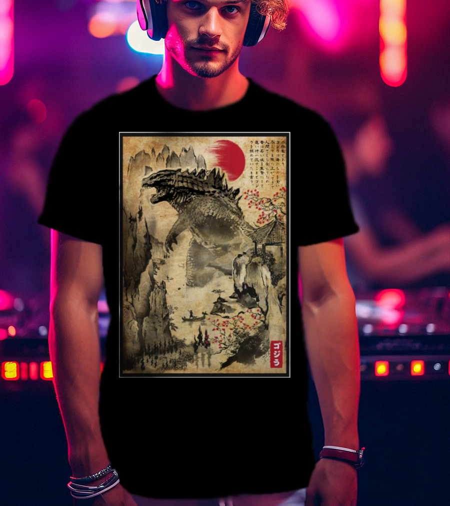Gojira Japanese Woodblock Ukiyo-e Style With Red Sun And Cherry Blossoms T-Shirt