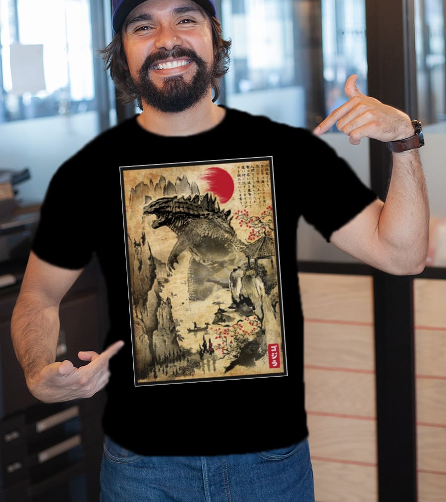 Gojira Japanese Woodblock Ukiyo-e Style With Red Sun And Cherry Blossoms T-Shirt