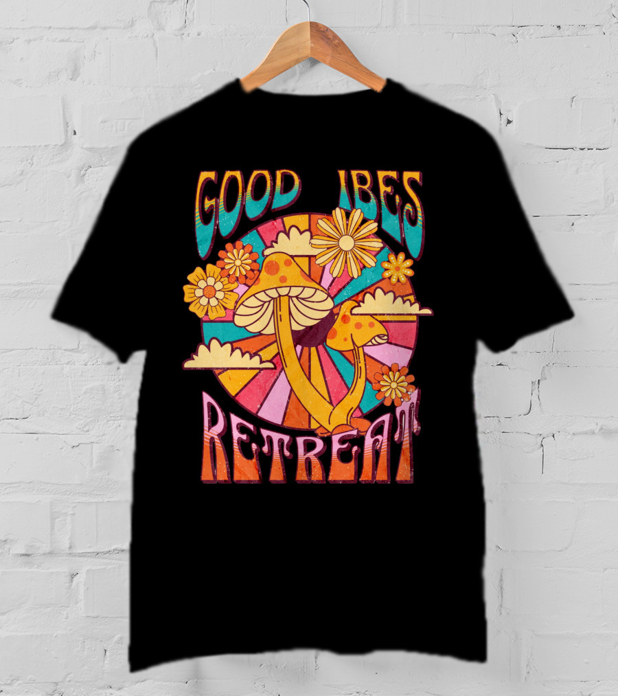 Good Vibes Retreat Mushroom Flowers Retro Psychedelic T-Shirt